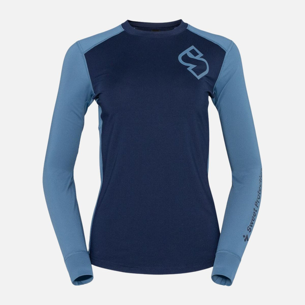 Navy and light blue long-sleeve shirt with a sweet protection logo on a white background