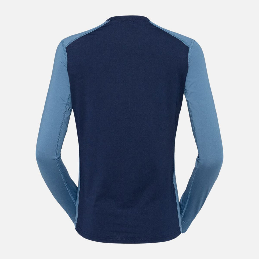 Navy long-sleeve shirt with light blue sleeves on a white background