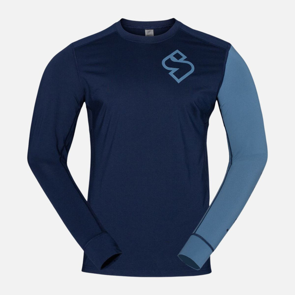 Navy long-sleeve shirt with blue sleeves and sweet protection logo on a light gray background